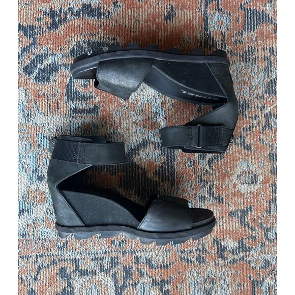 SOREL Women's Joanie II Ankle Strap Black Leather Wedge Sandals Size 8 - Picture 8 of 11